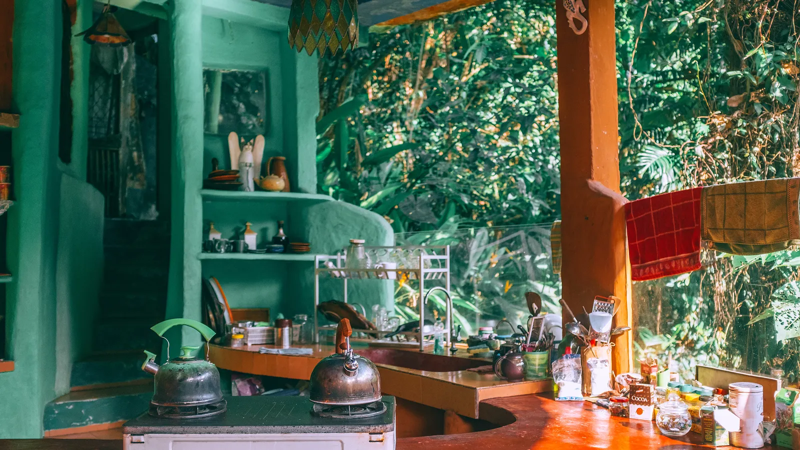 An open-air kitchen with green walls and plants